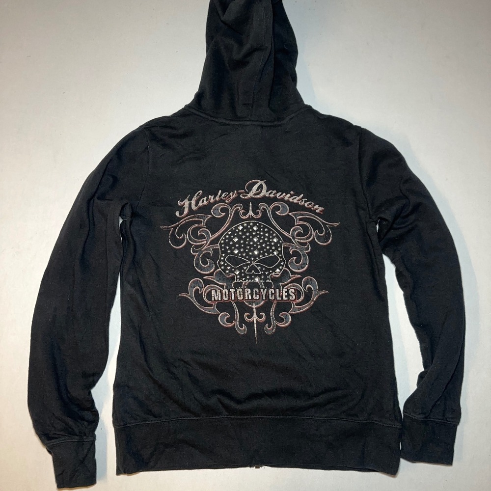 Harley‎ Davidson Studded Hoodie Women Large Black Zip Big Logo Biker Skull Y2K